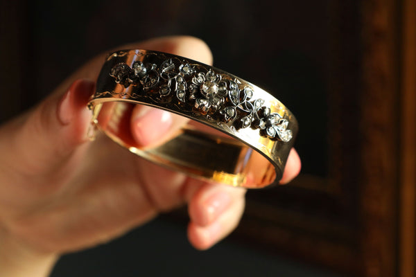 Victorian Style Cuff Bracelet: 14k Gold Floral Bangle with Rose Cut Diamonds