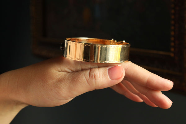 Victorian Style Cuff Bracelet: 14k Gold Floral Bangle with Rose Cut Diamonds