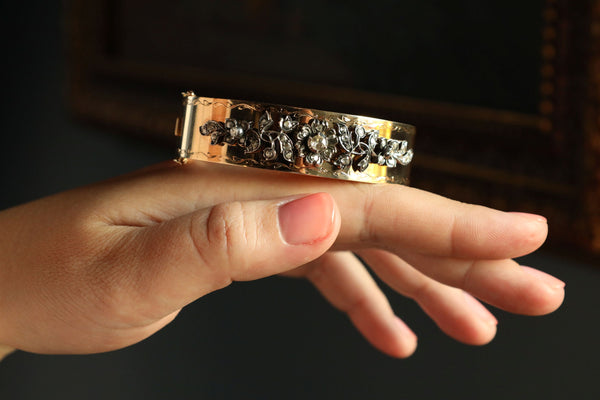 Victorian Style Cuff Bracelet: 14k Gold Floral Bangle with Rose Cut Diamonds