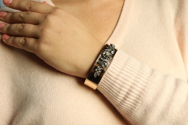 Victorian Style Cuff Bracelet: 14k Gold Floral Bangle with Rose Cut Diamonds