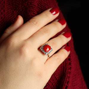 Vintage Sicilian Coral and Diamond Halo Ring