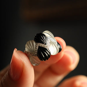 Vintage Black Onyx and Rock Crystal Ring in Solid 18k Gold