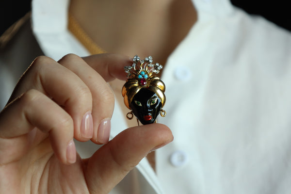 Vintage Blackmoor Brooch: 18k Gold, Burma Ruby, Diamonds, Turquoise