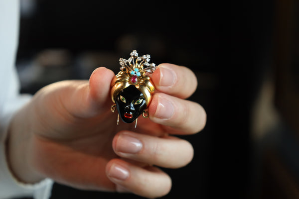 Vintage Blackmoor Brooch: 18k Gold, Burma Ruby, Diamonds, Turquoise