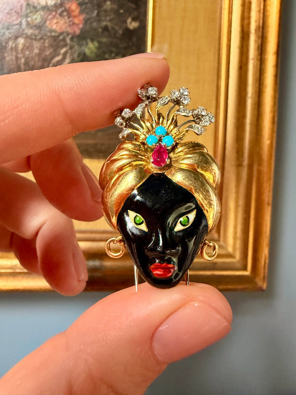 Vintage Blackmoor Brooch: 18k Gold, Burma Ruby, Diamonds, Turquoise