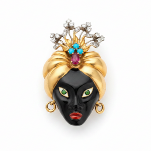 Vintage Blackmoor Brooch: 18k Gold, Burma Ruby, Diamonds, Turquoise