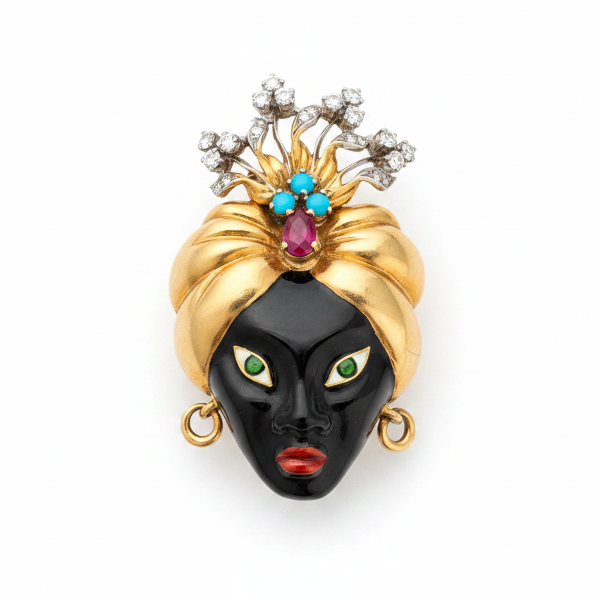 Vintage Blackmoor Brooch: 18k Gold, Burma Ruby, Diamonds, Turquoise