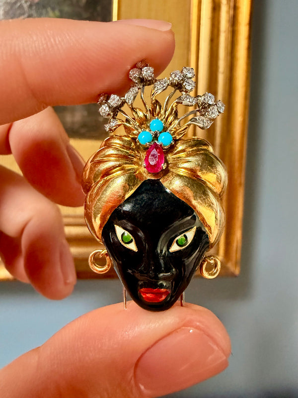 Vintage Blackmoor Brooch: 18k Gold, Burma Ruby, Diamonds, Turquoise
