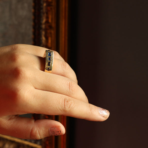 Retro Blue Sapphire Cabochon Ring, 18k Gold Heavy 16g