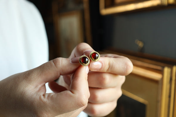 Vintage Garnet Stud Earrings: 14K Solid Gold