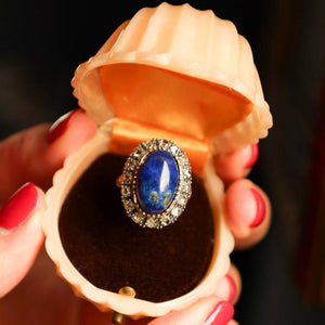 Vintage 14k Gold Ring with Large Lapis Cabochon and Rose Cut Diamonds