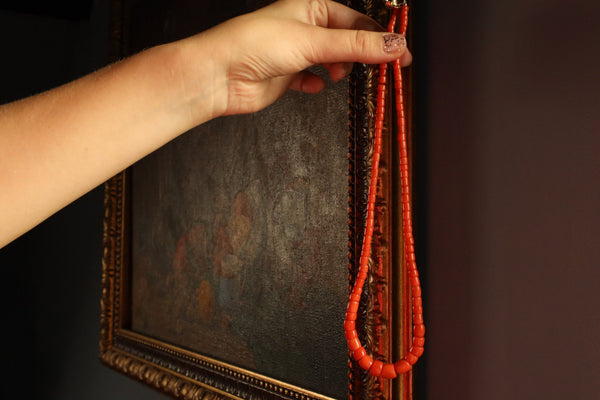 Vintage Long Natural Coral Necklace 20 Inches, Solid 14k Gold Clasp