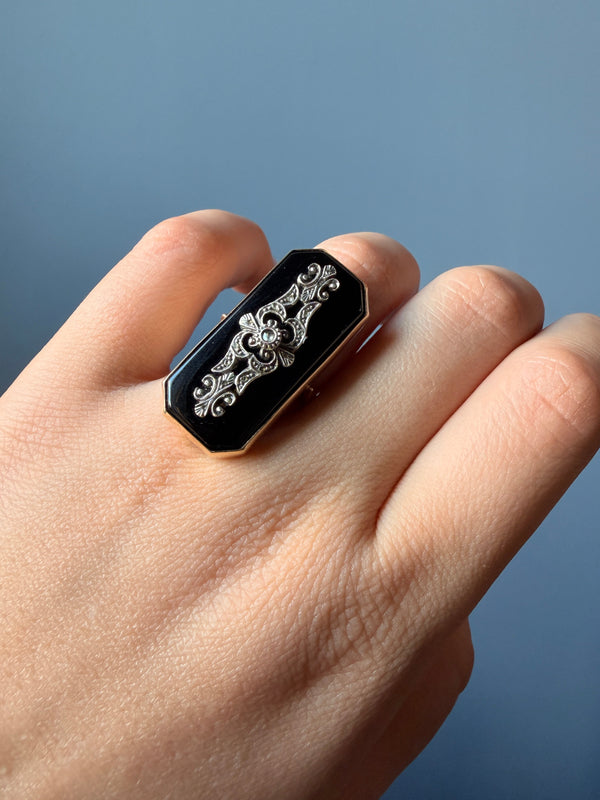 Retro Onyx and Diamond Panel Ring
