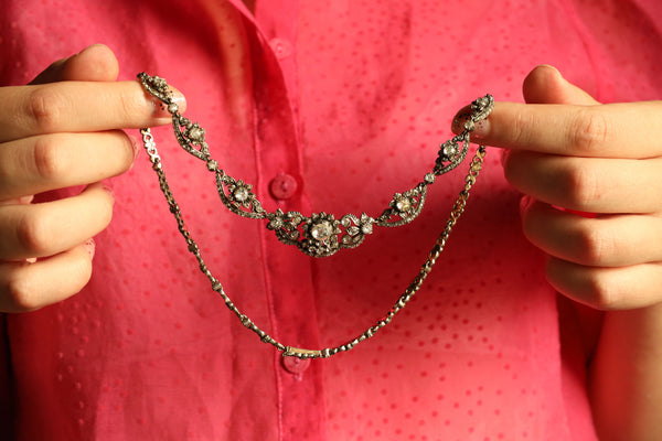 Vintage Silver Floral Necklace with Rose Cut Diamonds