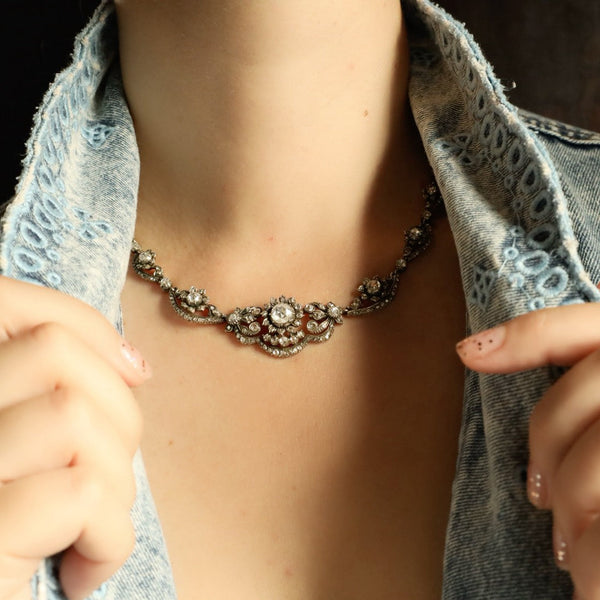 Vintage Silver Floral Necklace with Rose Cut Diamonds