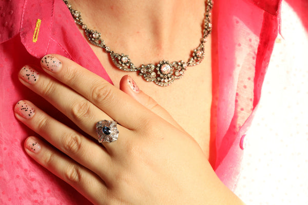 Vintage Silver Floral Necklace with Rose Cut Diamonds
