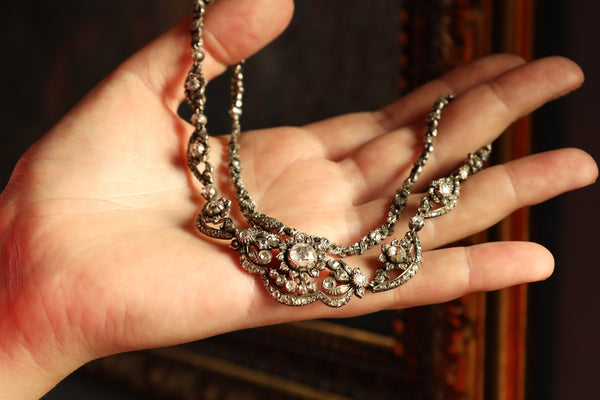 Vintage Silver Floral Necklace with Rose Cut Diamonds