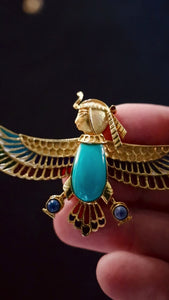 Art Deco Brooch Egyptian Revival Jewelry: Enamel Lapel Pin in Solid 18k Gold