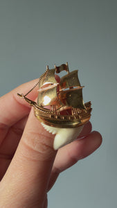 Antique Galleon Brooch with Tiger Shark Tooth in 18k Gold