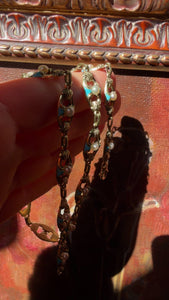 14k Gold Chain Necklace and Bracelet Set with Turquoise, Enamel and Pearls