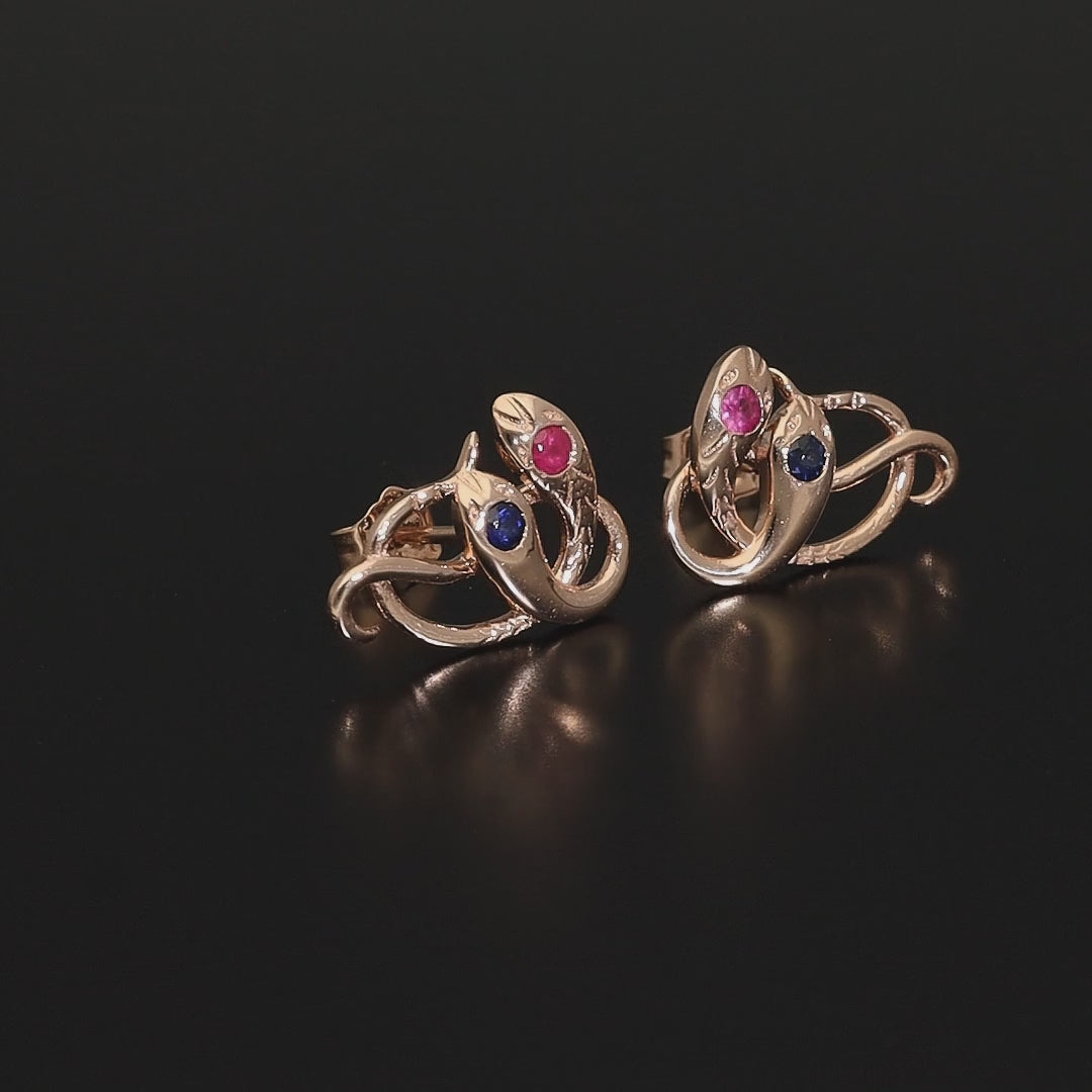 Antique Victorian Ruby Snake Studs, Antique Sapphire Double Headed Snake Earrings, Antique Rose Gold Earrings - Journey Jewellery Online Design Jewelry Shop