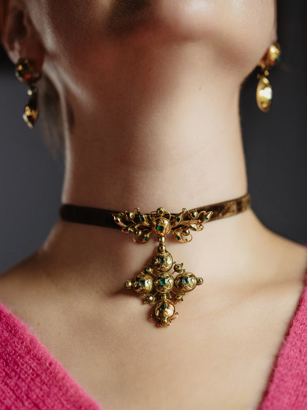 Antique Iberian 3.26ct Emerald Parure, Solid 15k Gold Catalan Earrings & Pendant Brooch Set - Pretty Different Shop