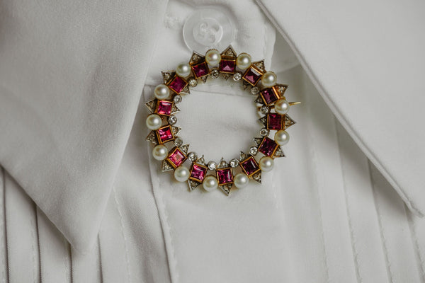 Art Deco Natural Diamond and Ruby Geometric Brooch - Pretty Different Shop