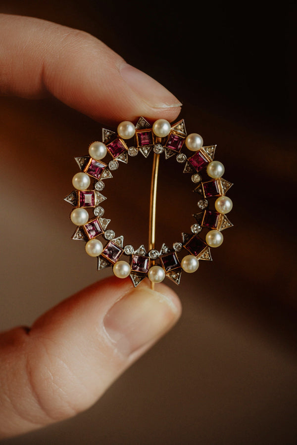 Art Deco Natural Diamond and Ruby Geometric Brooch - Pretty Different Shop