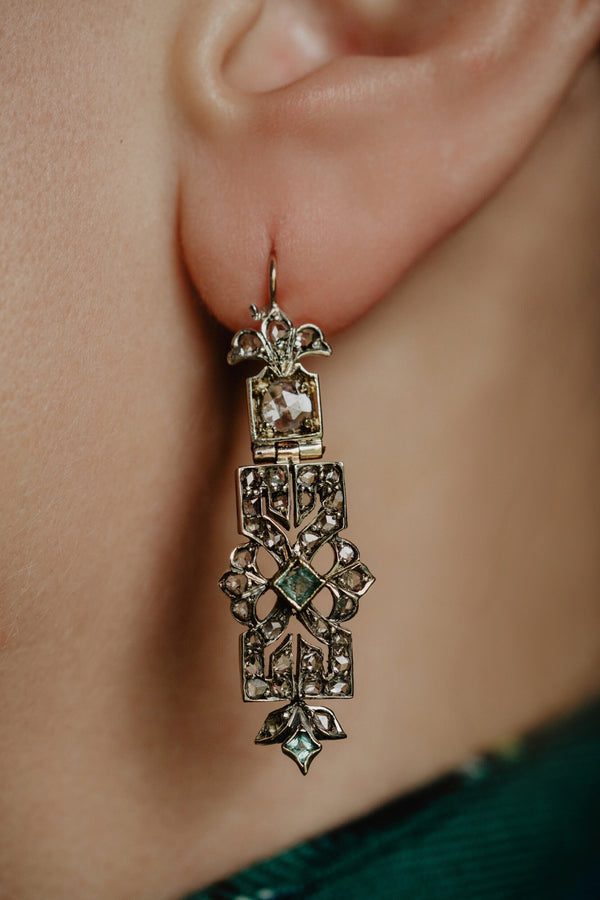 Antique Art Nouveau Emerald and Rose Cut Diamond Earrings - Pretty Different Shop