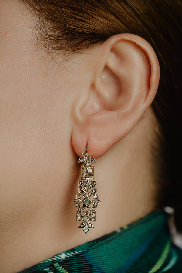 Antique Art Nouveau Emerald and Rose Cut Diamond Earrings - Pretty Different Shop