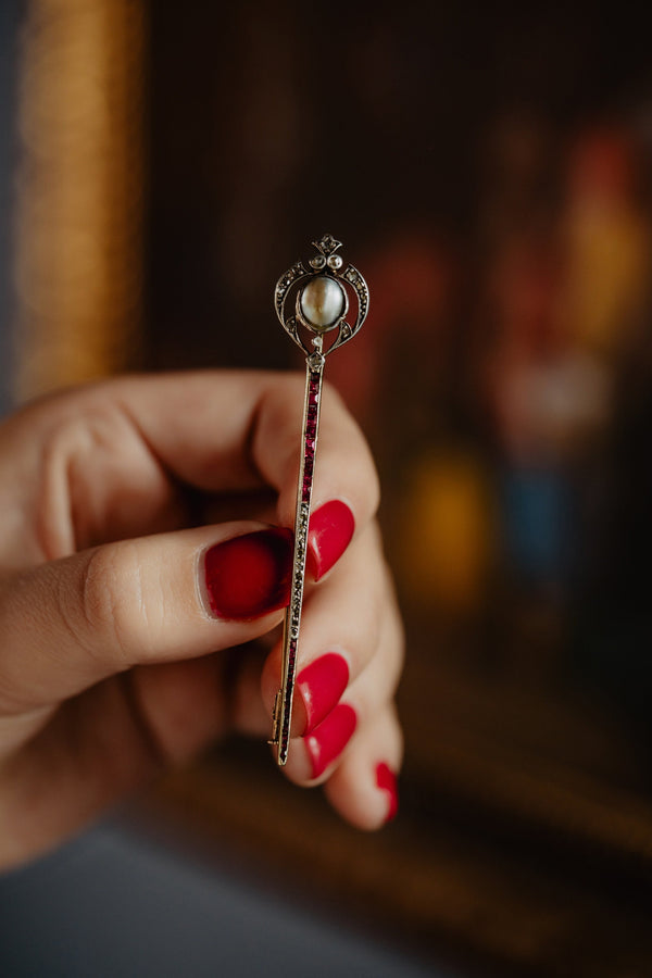 Antique Pearl Ruby and Rose Cut Diamond Jabot Brooch - Pretty Different Shop