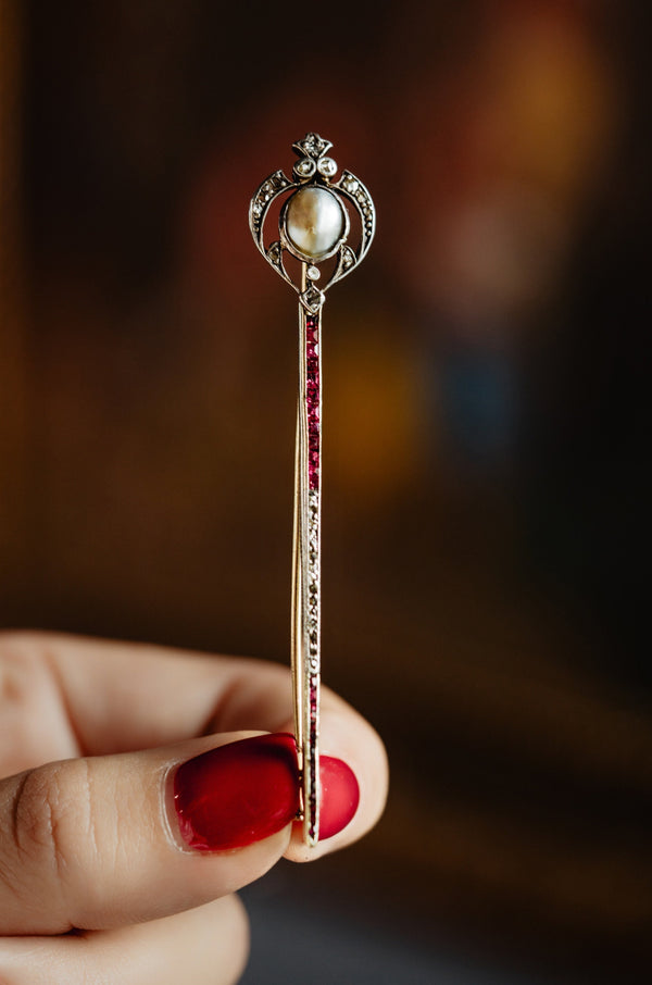 Antique Pearl Ruby and Rose Cut Diamond Jabot Brooch - Pretty Different Shop