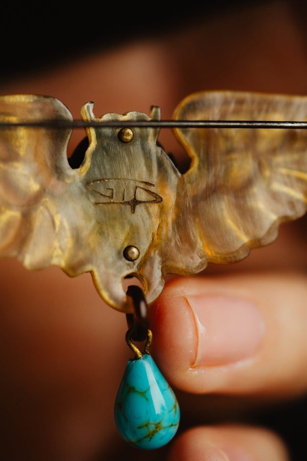 Antique French Art Nouveau Turquoise Scarab Brooch, Carved Horn by Georges Pierre - Pretty Different Shop