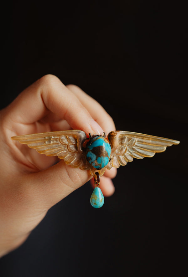 Antique French Art Nouveau Turquoise Scarab Brooch, Carved Horn by Georges Pierre - Pretty Different Shop