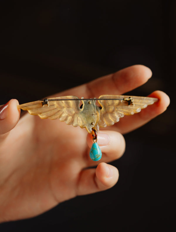 Antique French Art Nouveau Turquoise Scarab Brooch, Carved Horn by Georges Pierre - Pretty Different Shop