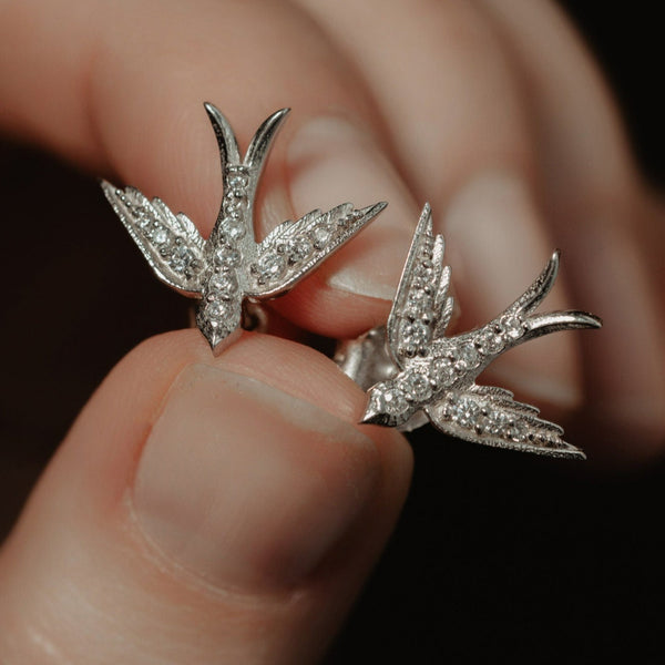 Artisan Swallow Flying Birds Stud Earrings