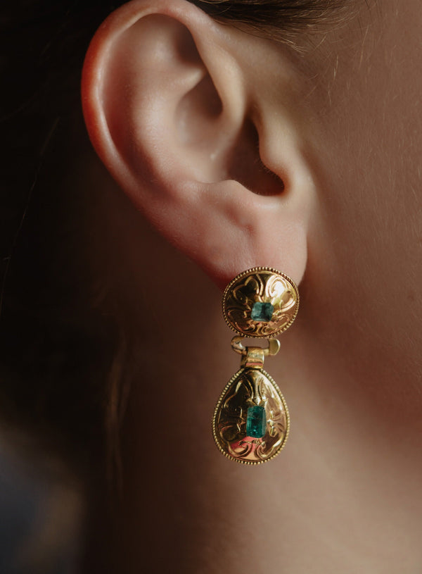 Antique Iberian 3.26ct Emerald Parure, Solid 15k Gold Catalan Earrings & Pendant Brooch Set - Pretty Different Shop