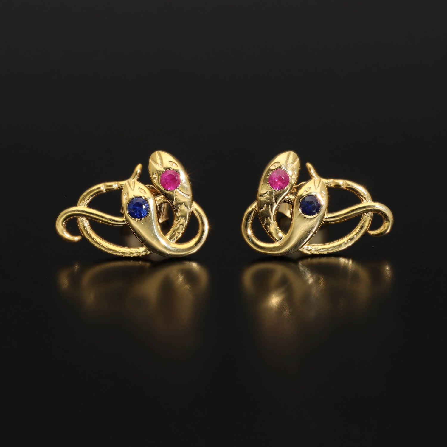 Antique Victorian Ruby Snake Studs, Antique Sapphire Double Headed Snake Earrings, Antique Rose Gold Earrings - Journey Jewellery Online Design Jewelry Shop
