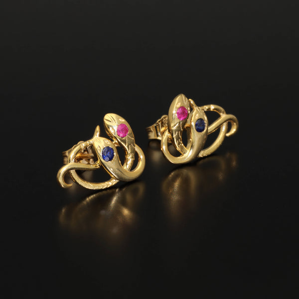 Antique Victorian Ruby Snake Studs, Antique Sapphire Double Headed Snake Earrings, Antique Rose Gold Earrings - Journey Jewellery Online Design Jewelry Shop