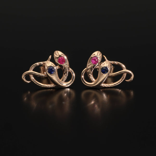Antique Victorian Ruby Snake Studs, Antique Sapphire Double Headed Snake Earrings, Antique Rose Gold Earrings - Journey Jewellery Online Design Jewelry Shop