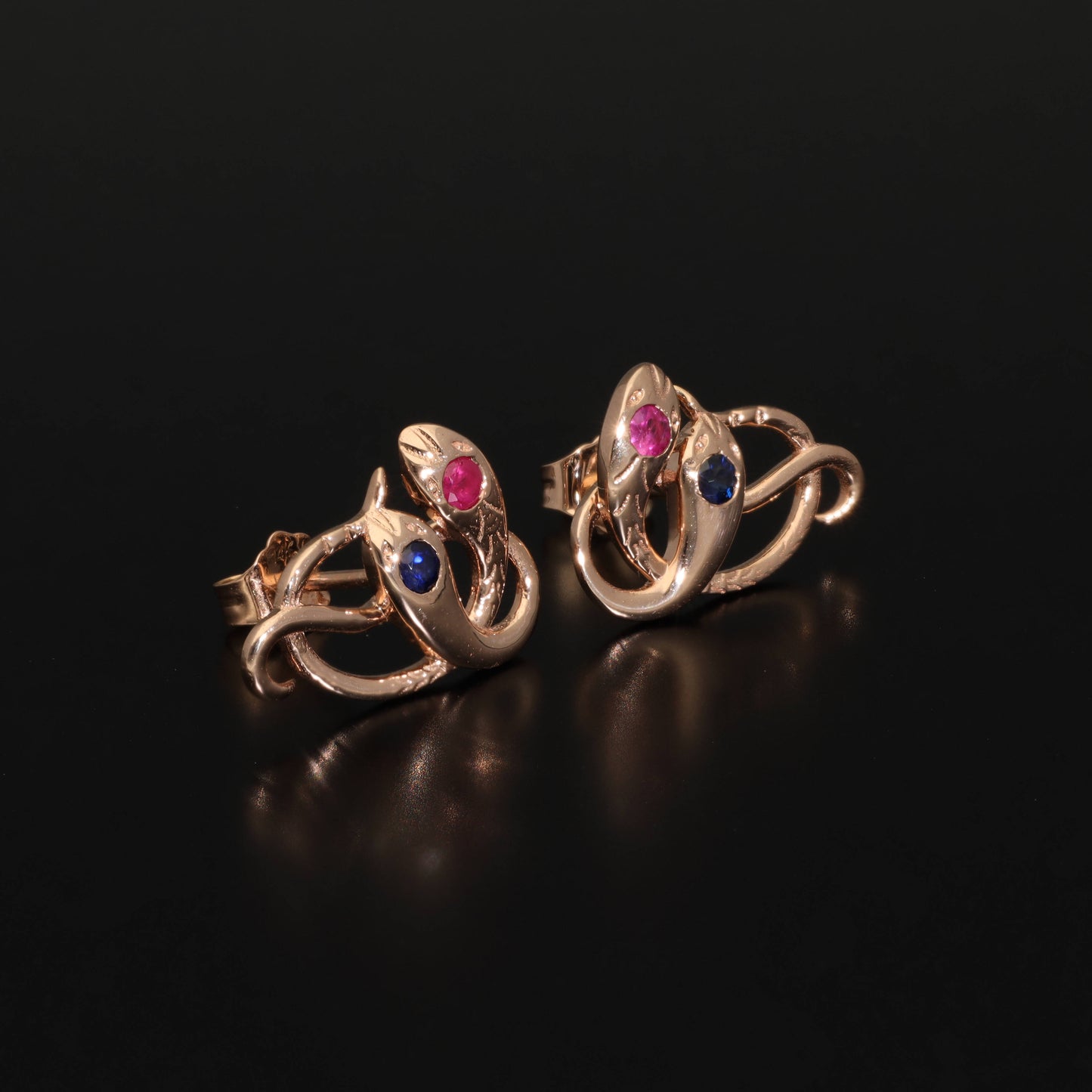 Antique Victorian Ruby Snake Studs, Antique Sapphire Double Headed Snake Earrings, Antique Rose Gold Earrings - Journey Jewellery Online Design Jewelry Shop