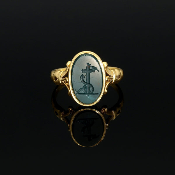 Antique Intaglio Signet Seal Ring with Faith Symbol: Cross Dove and Snake
