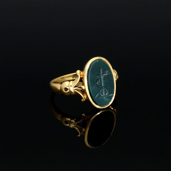 Antique Intaglio Signet Seal Ring with Faith Symbol: Cross Dove and Snake - Pretty Different Shop