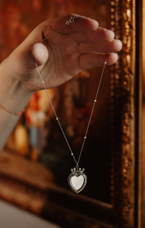 Antique Diamond Flaming or Crowned Heart Locket Necklace