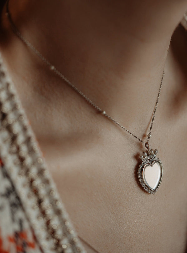 Antique Diamond Flaming or Crowned Heart Locket Necklace - Pretty Different Shop