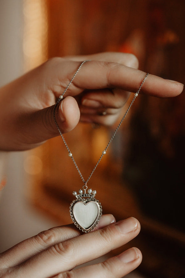 Antique Diamond Flaming or Crowned Heart Locket Necklace - Pretty Different Shop
