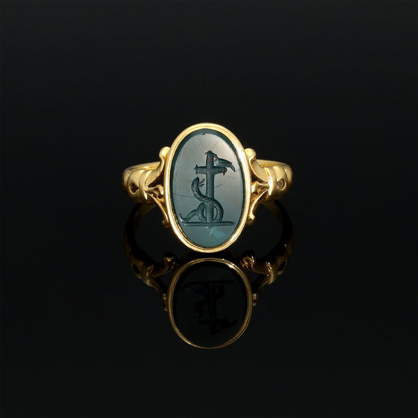Antique Intaglio Signet Seal Ring with Faith Symbol: Cross Dove and Snake - Pretty Different Shop