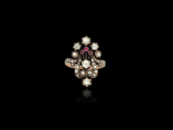 Antique Lyra or Harp Rose Cut Diamond and Ruby Ring - Pretty Different Shop