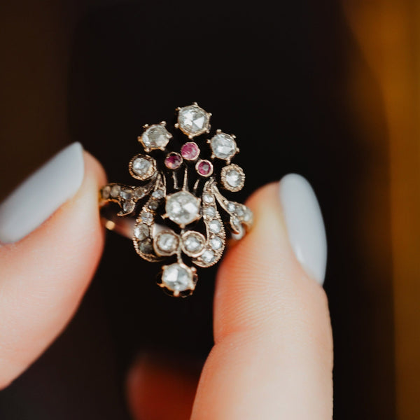 Antique Lyra or Harp Rose Cut Diamond and Ruby Ring