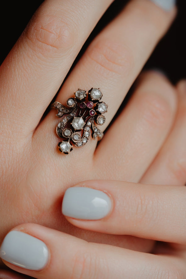 Antique Lyra or Harp Rose Cut Diamond and Ruby Ring - Pretty Different Shop
